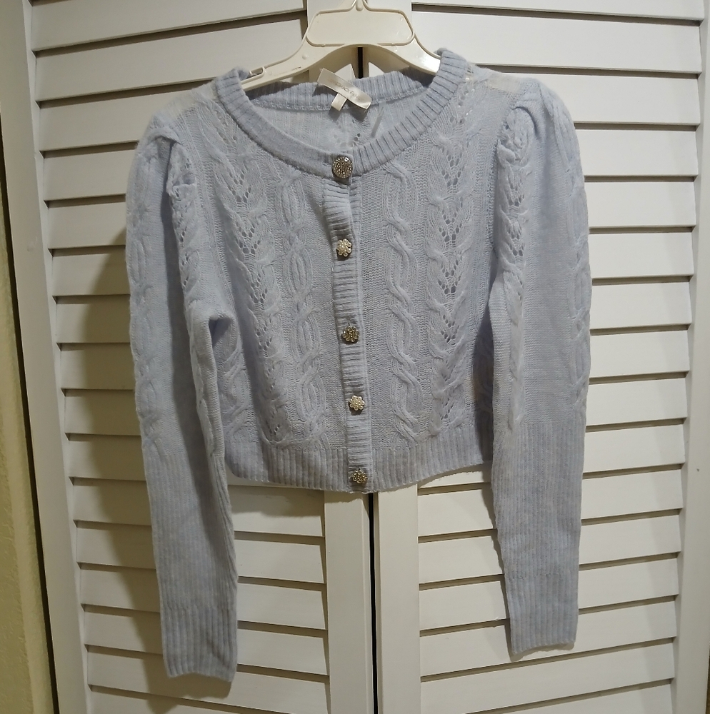 LoveShackFancy Soft Blue Cable Knit Cardigan With Designed Buttons